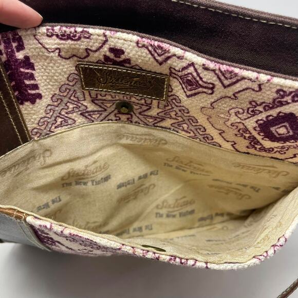 Sixtease Amythest Purple Cream Printed Canvas Brown Leather Large Crossbody Bag - Picture 8 of 10